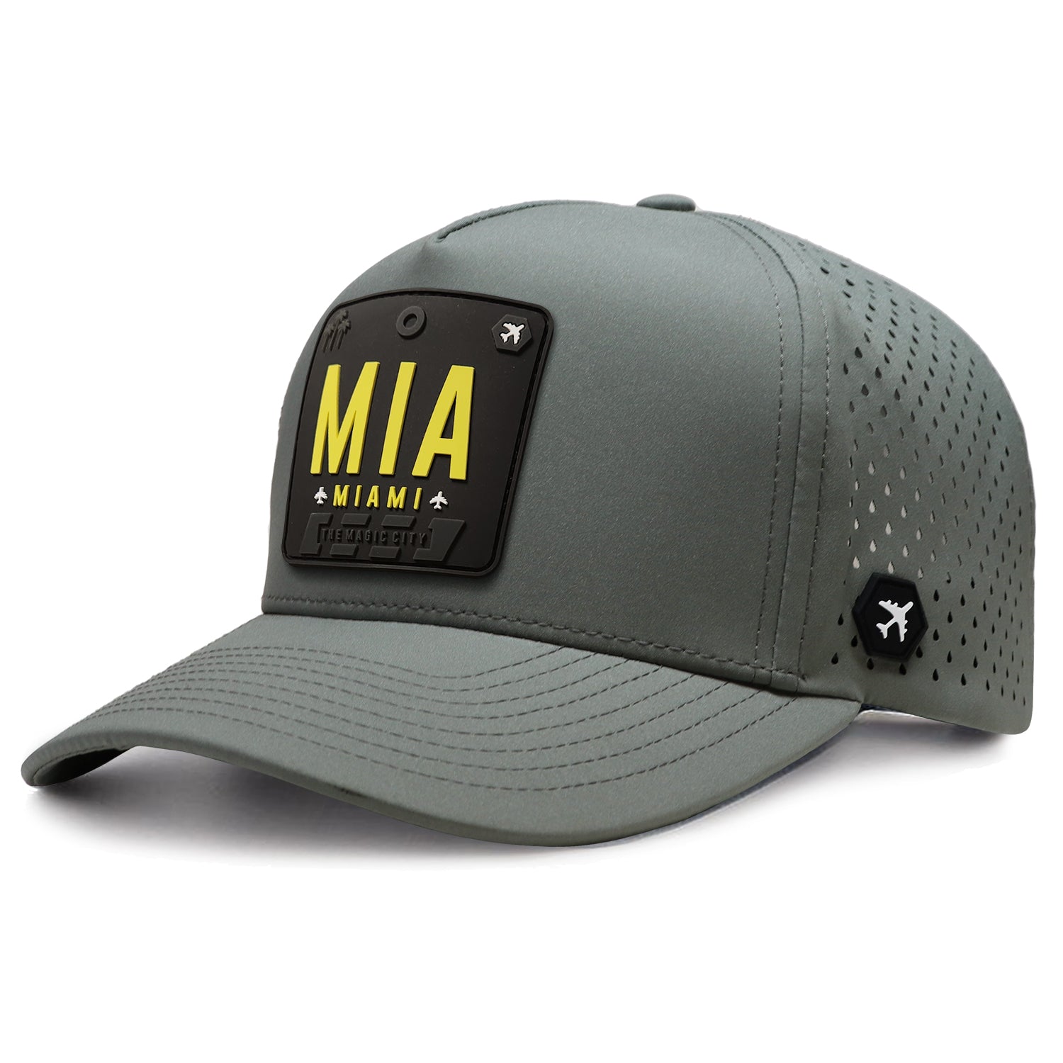Grey Miami trucker hat with MIA airport code patch and perforated side panels
