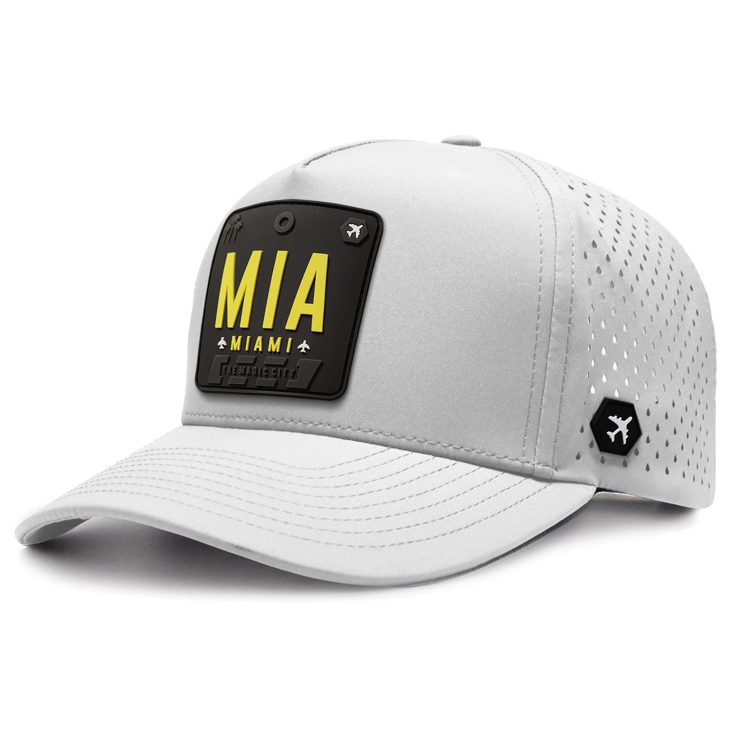 Light grey Miami trucker hat with MIA airport code patch and perforated side panels