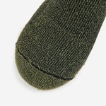 Thorlos hiking crew sock toe box in forest green marl knit fabric closeup