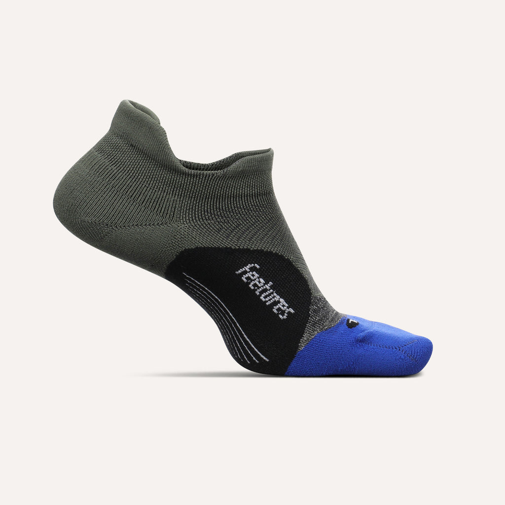 Feetures Elite Light Cushion Tab running sock in gray with blue toe