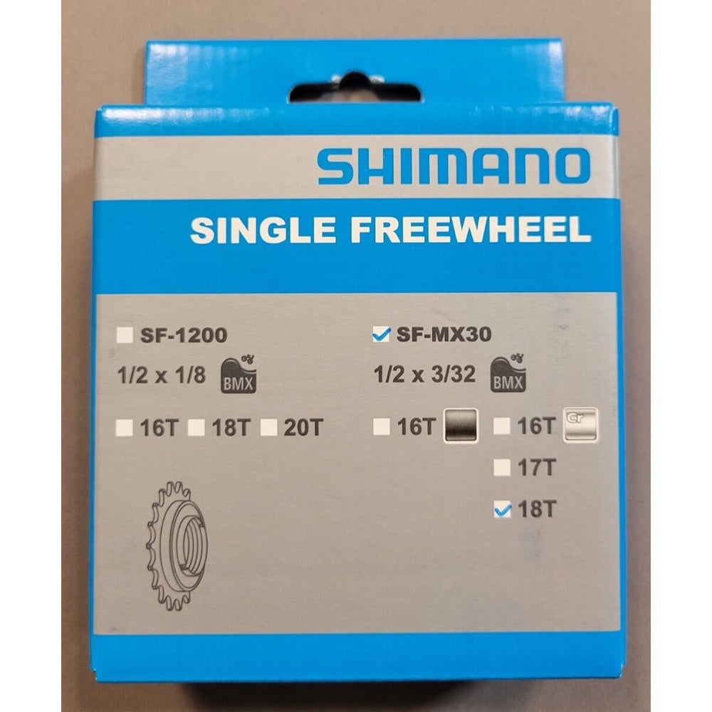 Shimano SF-MX30 BMX single freewheel 18T packaging in blue and white