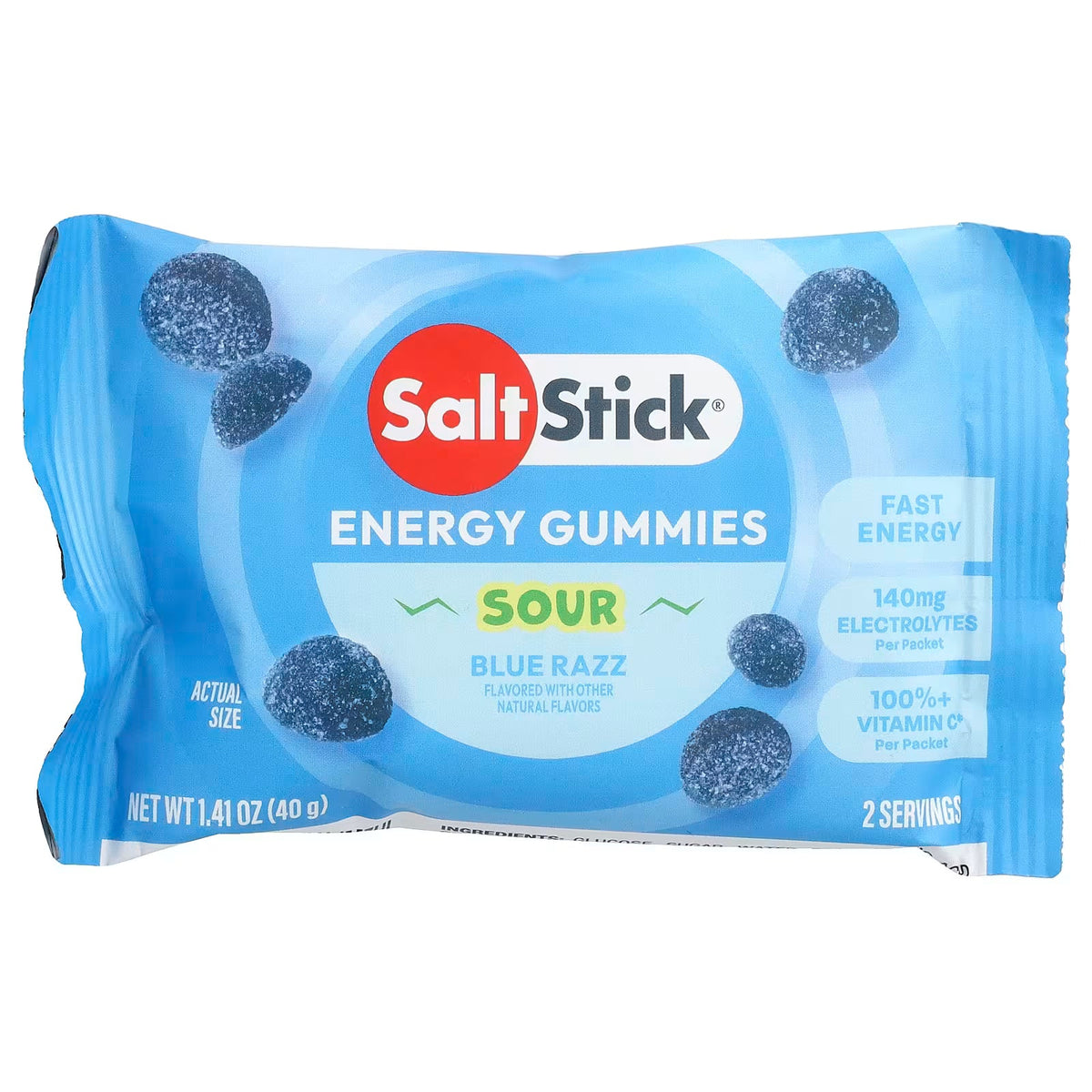 SaltStick Sour Blue Razz Energy Gummies 1.41oz packet with blue packaging and dark gummies