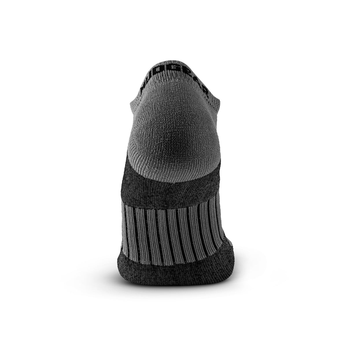 LEGG no show running sock in grey and black, rear heel view on white background