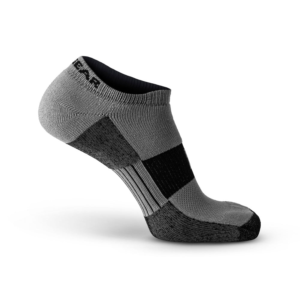 Legg no show running socks in grey and black on white studio background