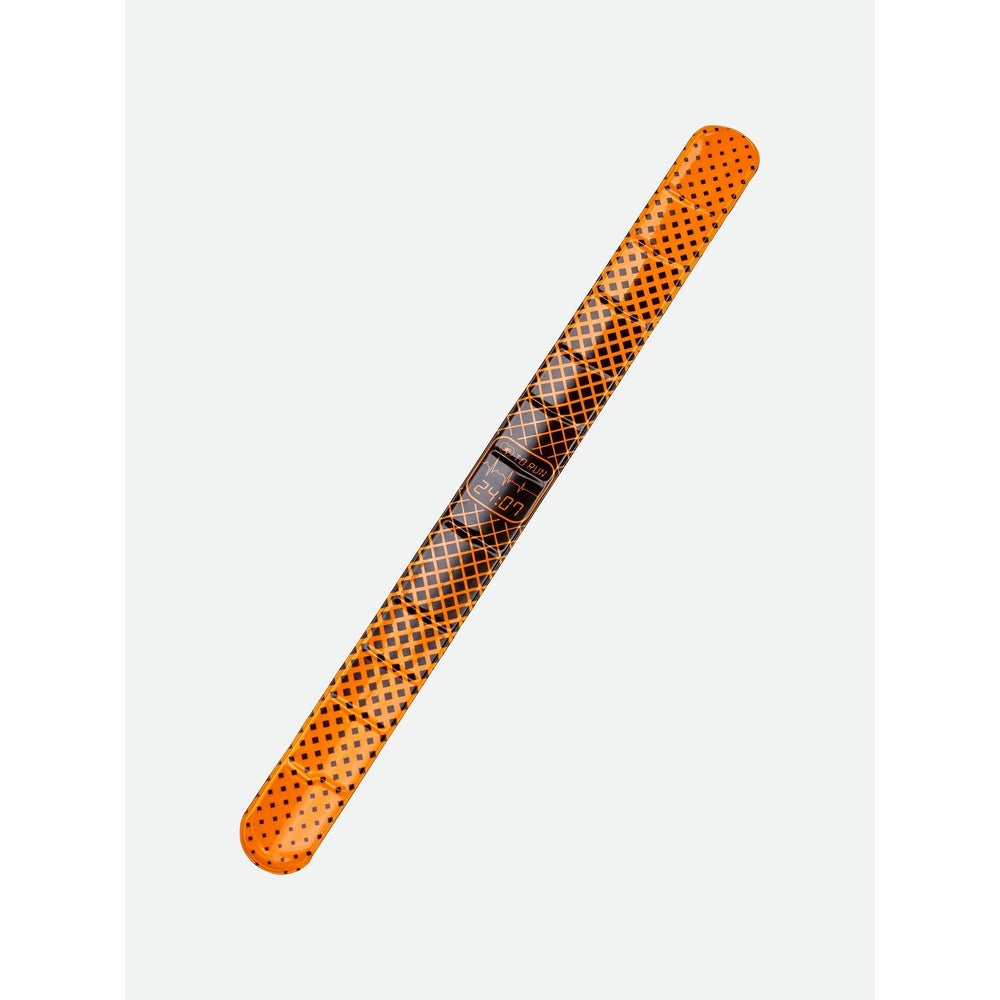 Orange Nathan Reflex reflective slap band with geometric pattern on gray background