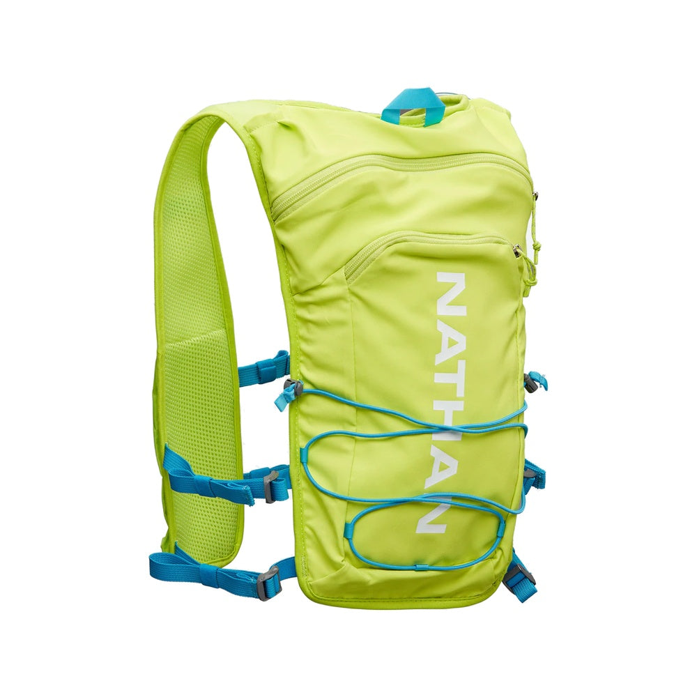 Nathan QuickStart 2.0 hydration pack in bright lime green with blue straps