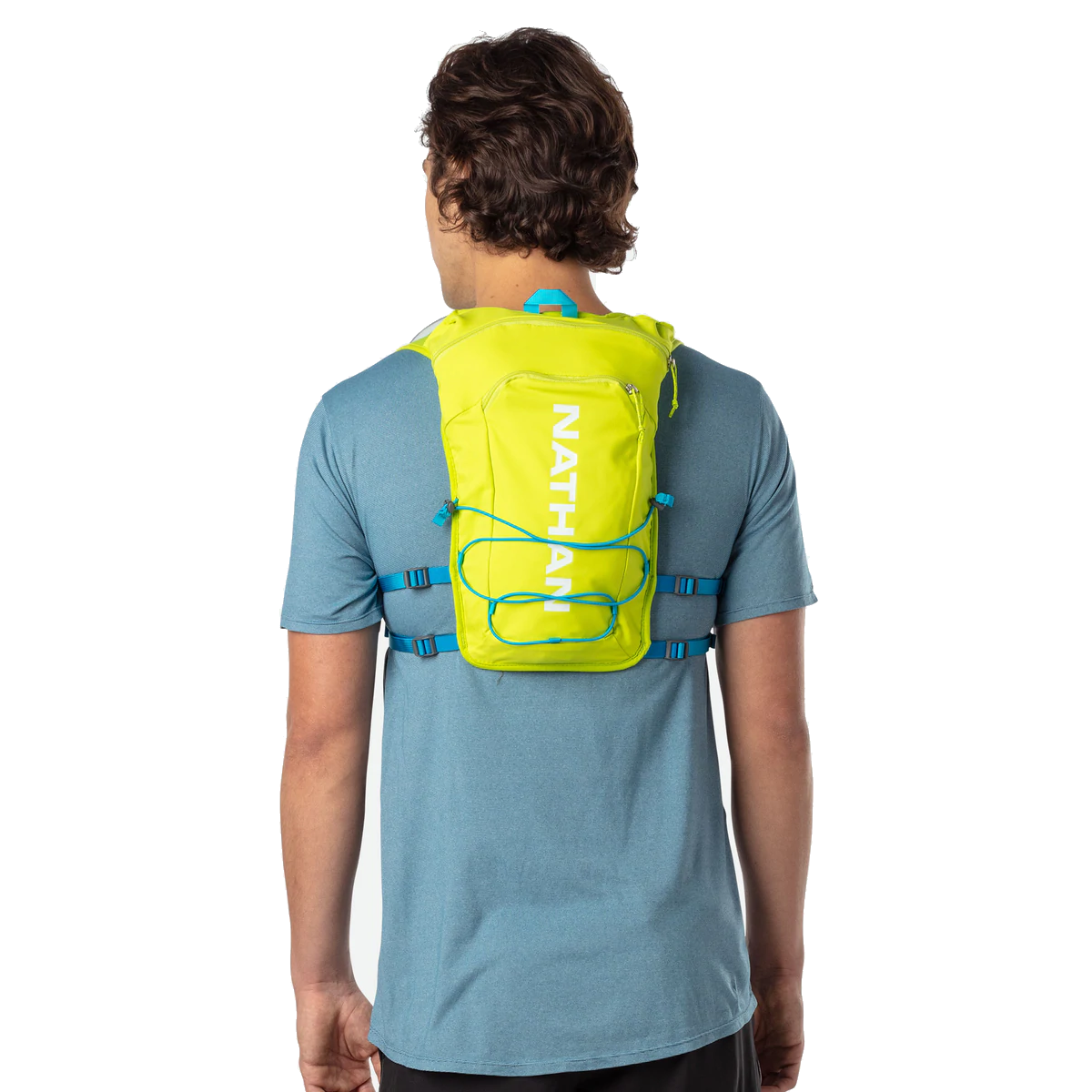 Nathan QuickStart 2.0 hydration pack in lime green worn by male model from behind