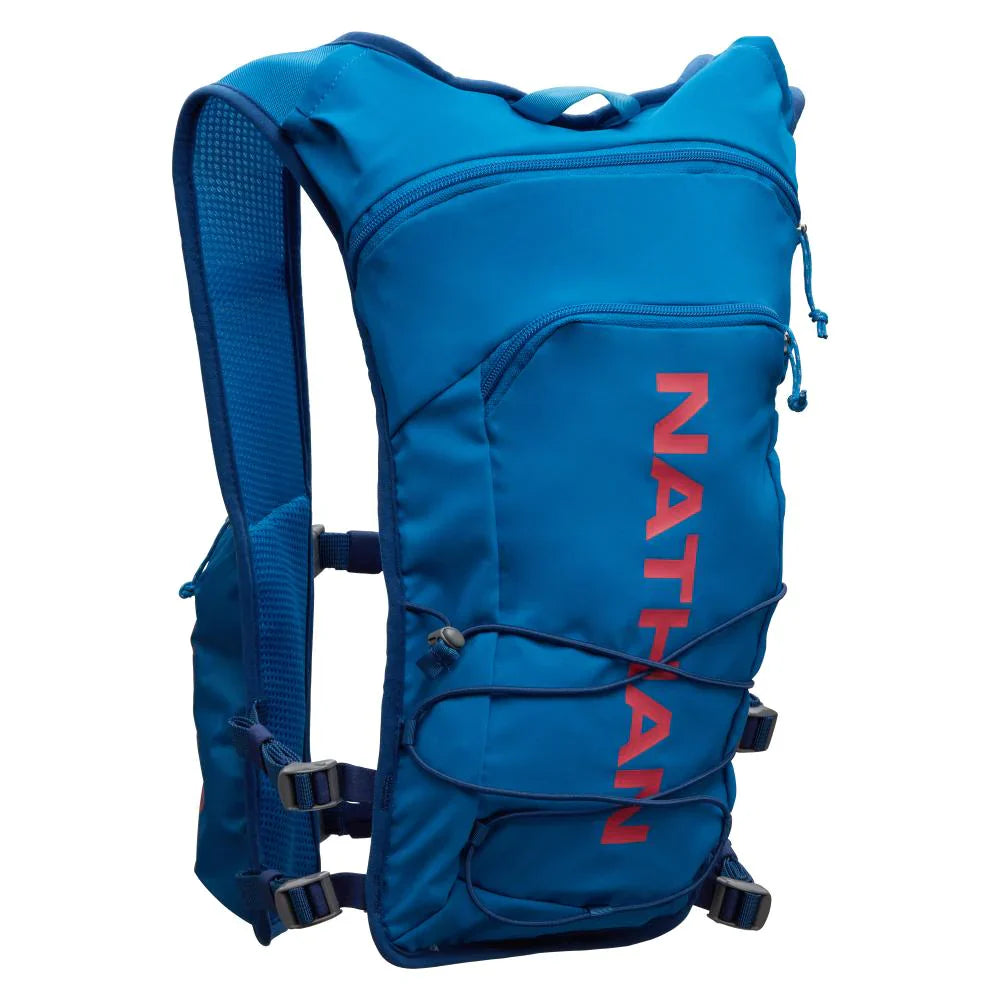 Nathan QuickStart 2.0 hydration pack in deep blue with red branding