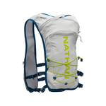 Nathan QuickStart 2.0 hydration pack in light gray with lime green logo and cord details
