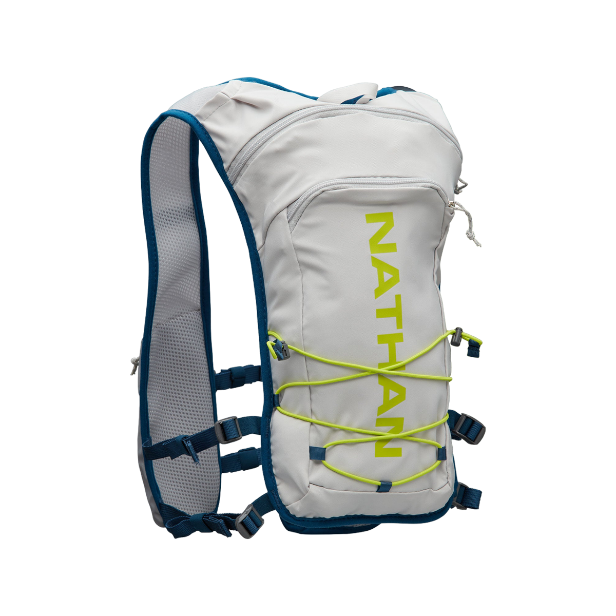 Nathan QuickStart 2.0 hydration pack in light gray with lime green logo and cord details
