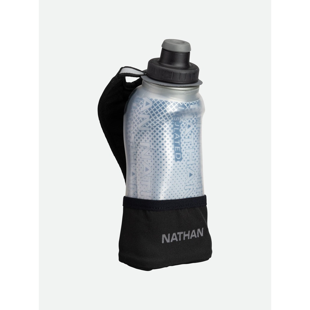 Nathan Quick Squeeze insulated handheld water bottle with black grip holder and strap
