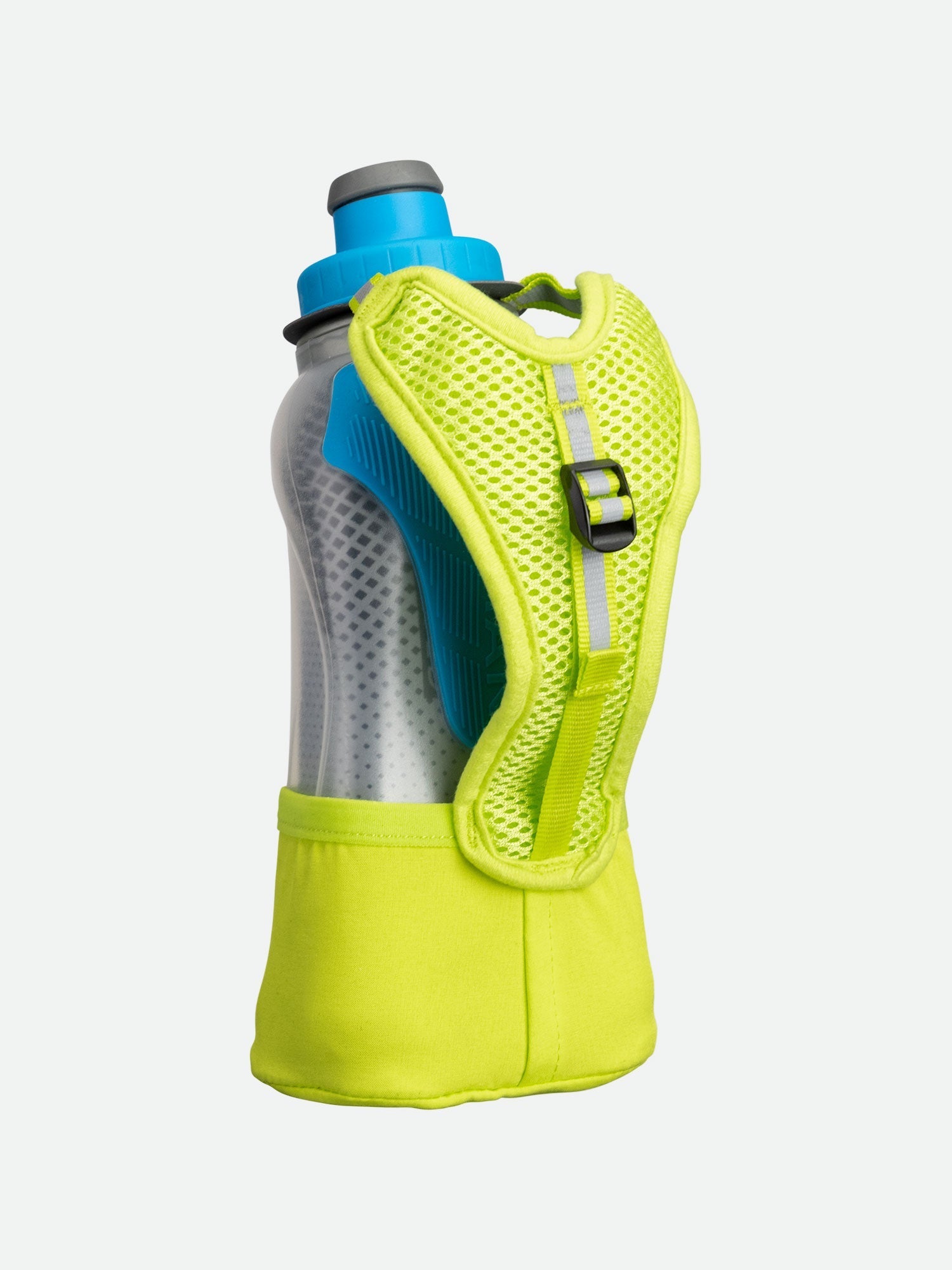 Nathan Quick Squeeze handheld water bottle in lime green with mesh grip sleeve