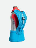 Nathan Quick Squeeze handheld water bottle in blue mesh holder with red interior