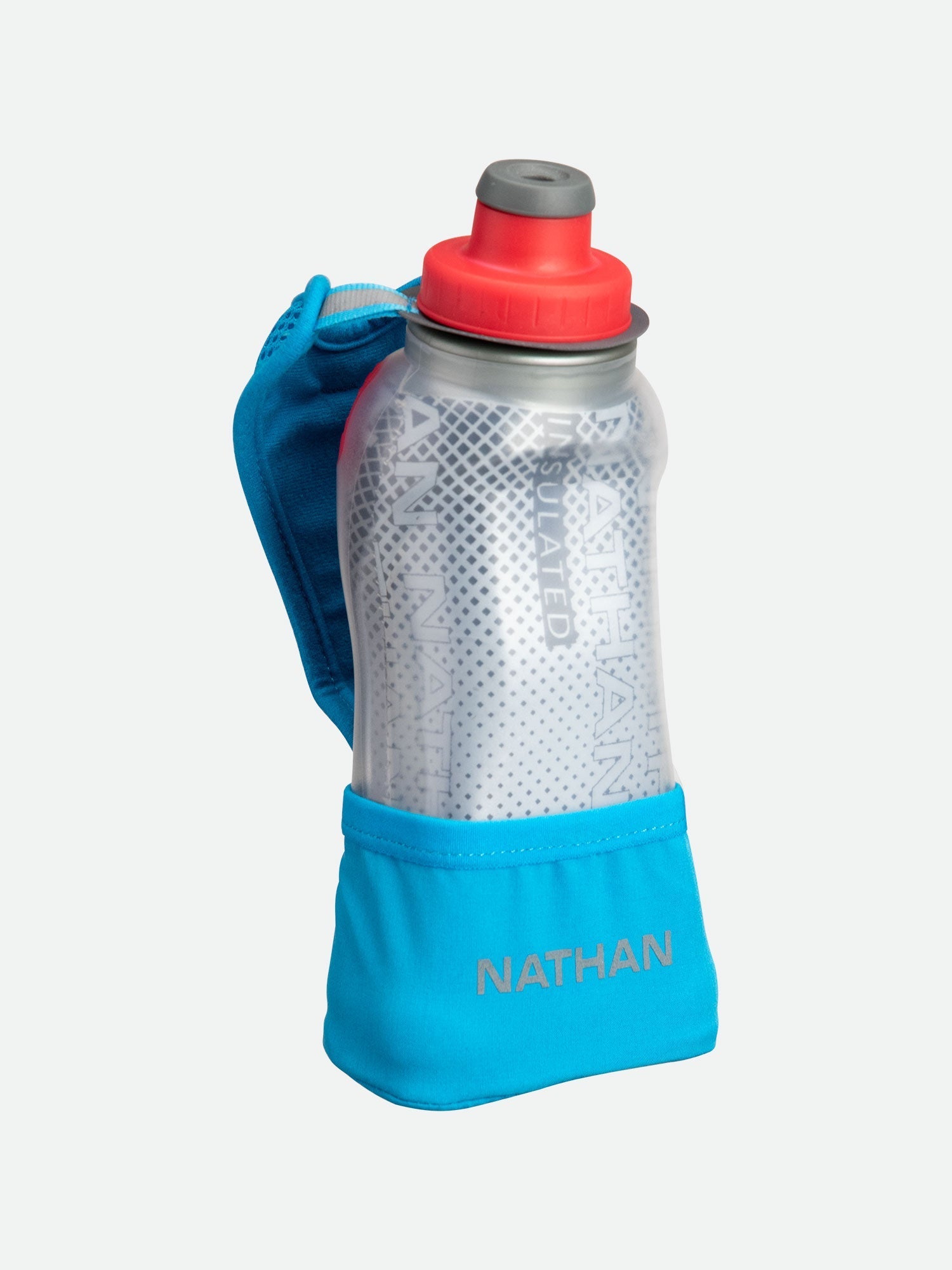 Nathan Quick Squeeze handheld water bottle with blue hand strap and clear bottle