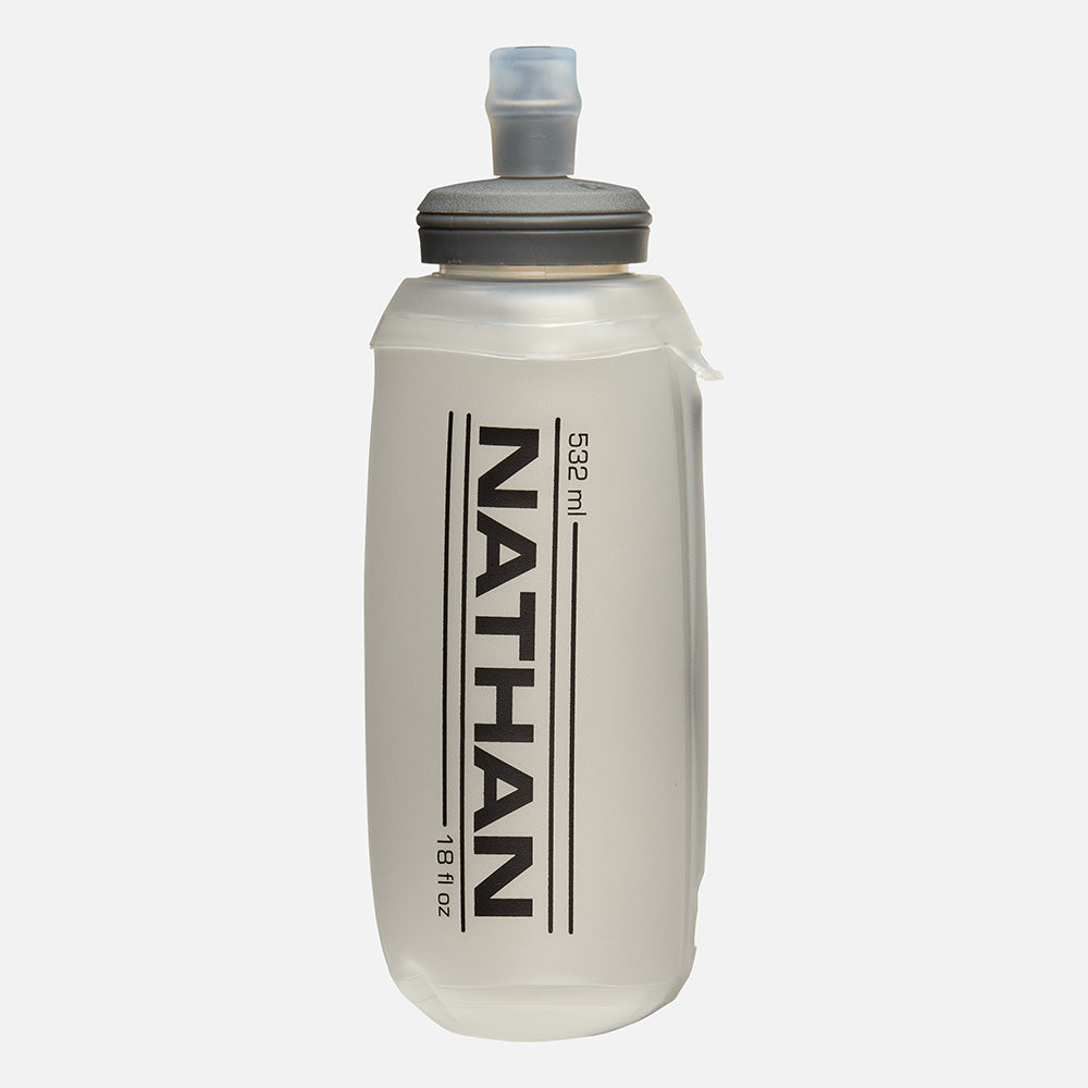 Nathan clear soft flask water bottle with gray bite valve cap, 18 fl oz capacity