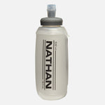 Nathan clear soft flask water bottle with gray bite valve cap, 18 fl oz capacity