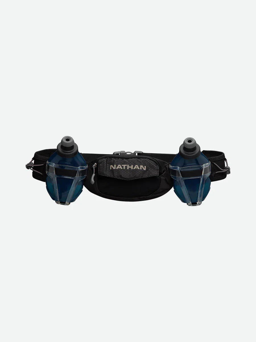 Nathan Trail Mix Plus 2 running belt with two blue water bottles on clean background
