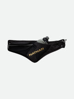 Nathan Peak Hydration Waist Pack in black with gold logo and water bottle