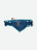 Nathan Peak Hydration Waist Pack in True Navy and Tiger Lily colorway with water bottle