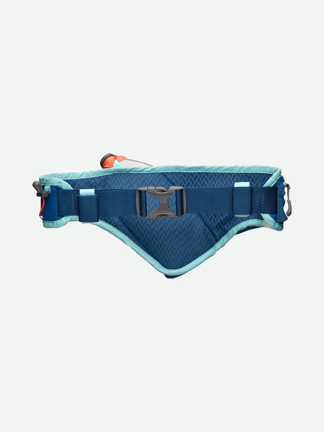 Nathan Peak Hydration Waist Pack in True Navy and Tiger Lily colorway with water bottle