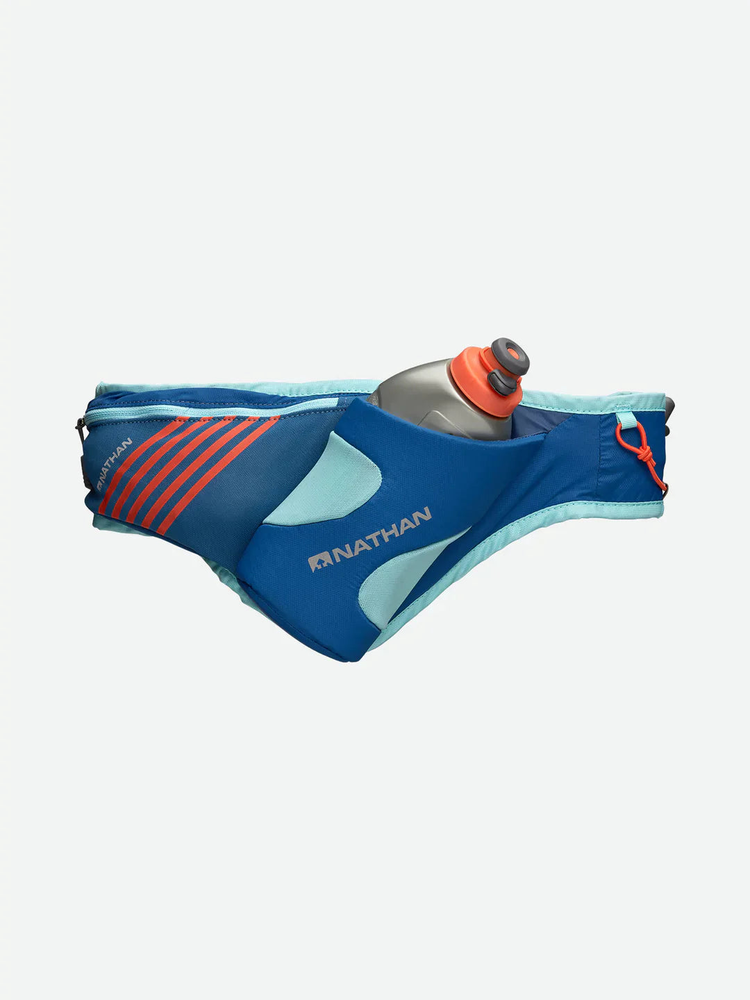 Nathan Peak Hydration Waist Pack in True Navy/Tiger Lily with water bottle and adjustable belt