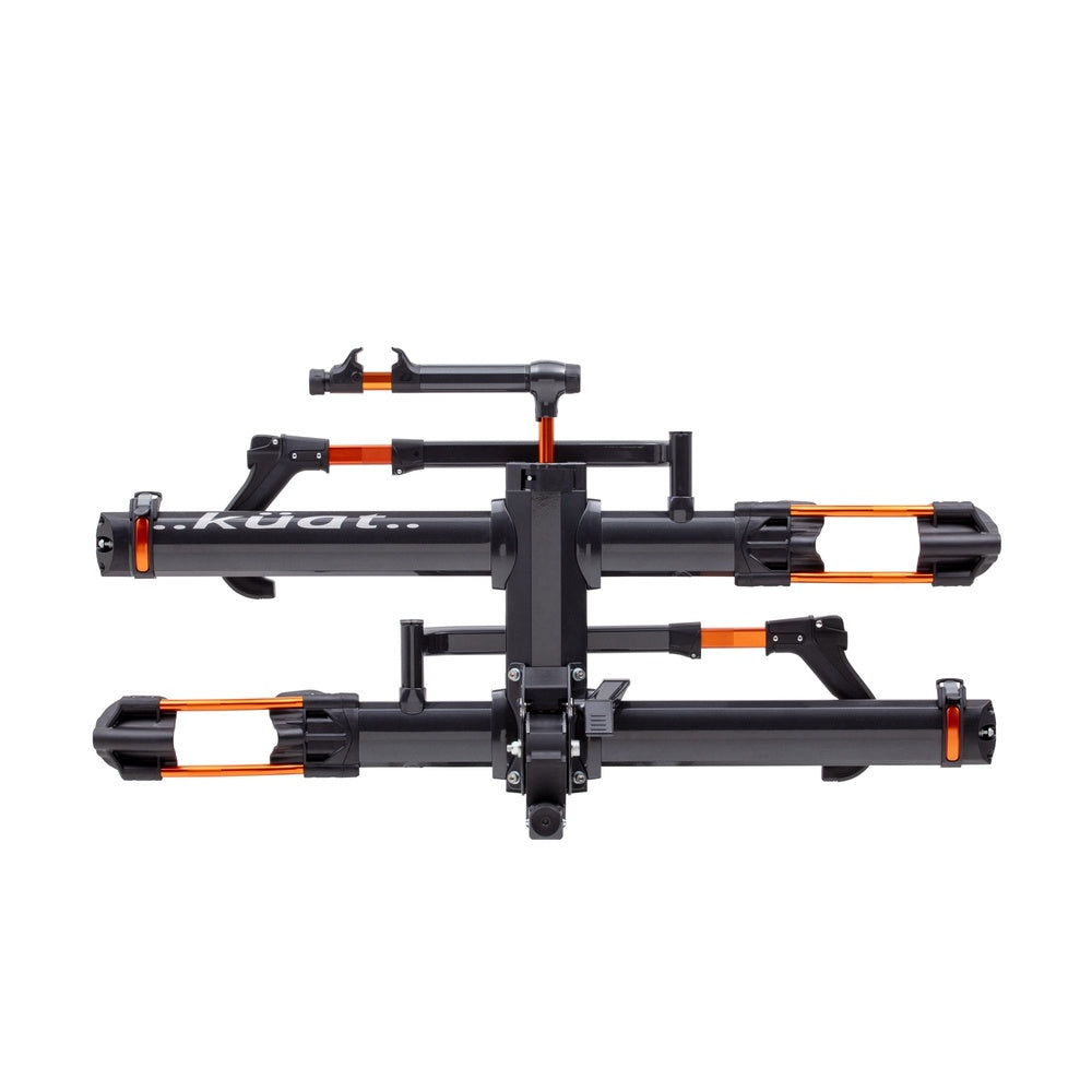 Kuat NV 2.0 bike rack in black metallic with orange accents on white background