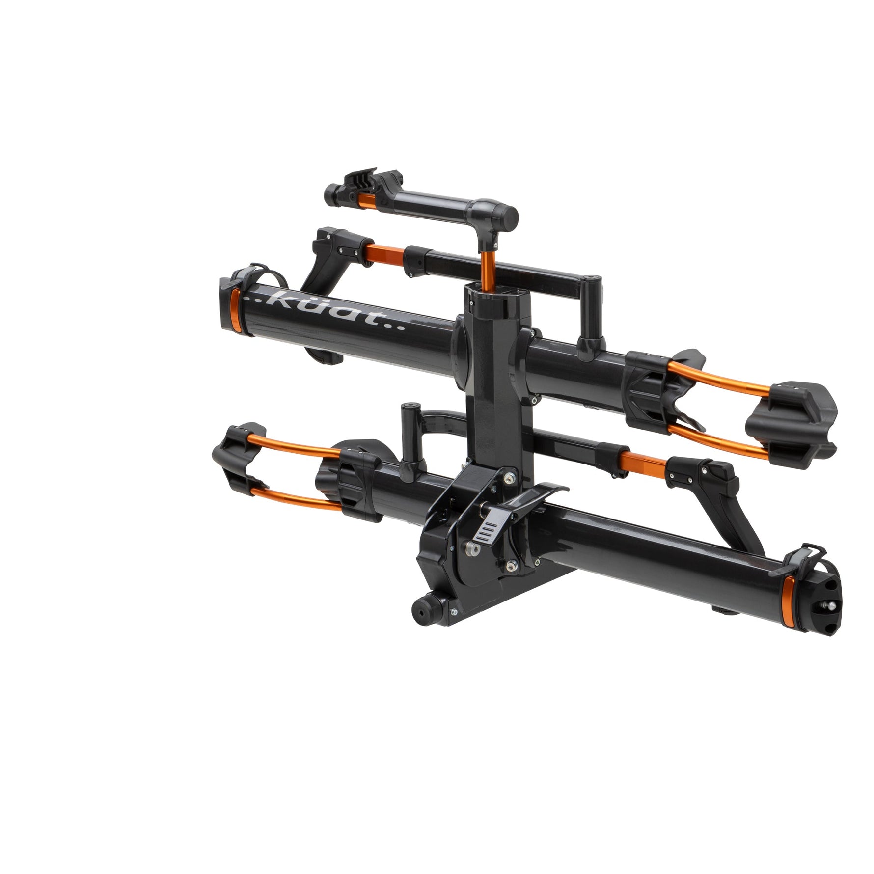 Kuat NV 2.0 two-bike hitch rack in black metallic with orange accent details