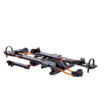 Kuat NV 2.0 two-bike hitch rack in black metallic with orange accent details