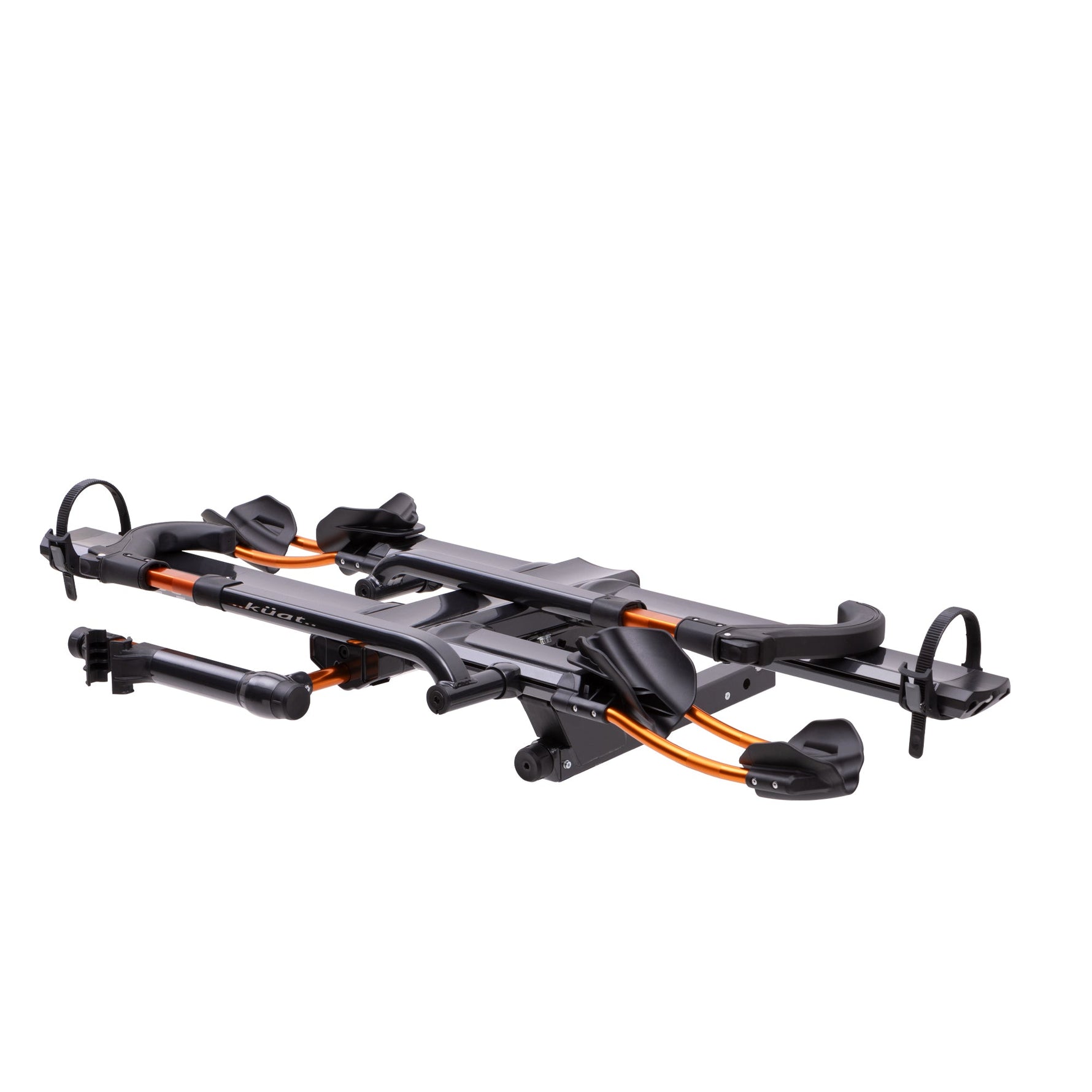Kuat NV 2.0 two-bike hitch rack in black metallic with orange accent details