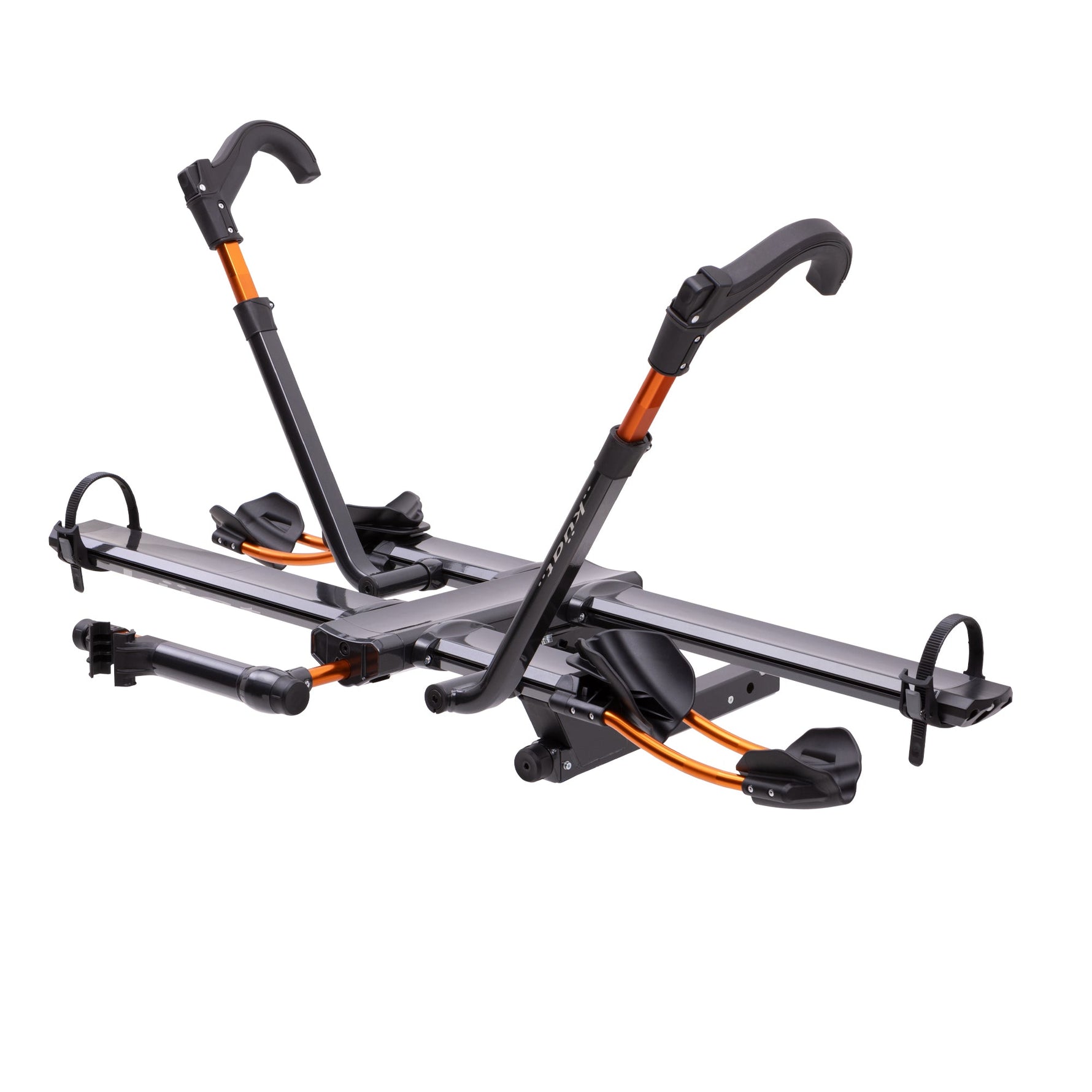 Kuat NV 2.0 two-bike hitch rack in black metallic and gray with orange accents