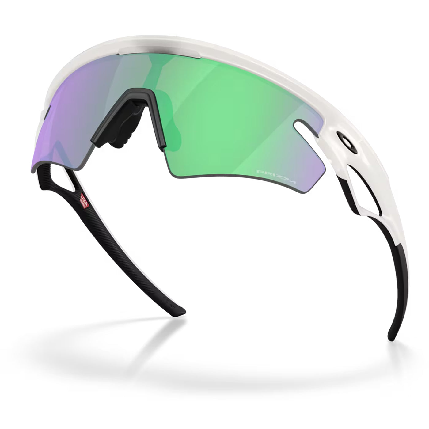 Oakley Sphaera sunglasses with white frame and green-purple prizm road jade lenses