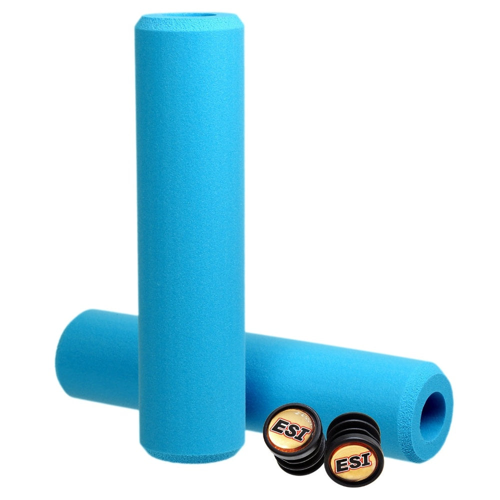 ESI MTB Extra Chunky silicone bike grips in aqua blue with end caps