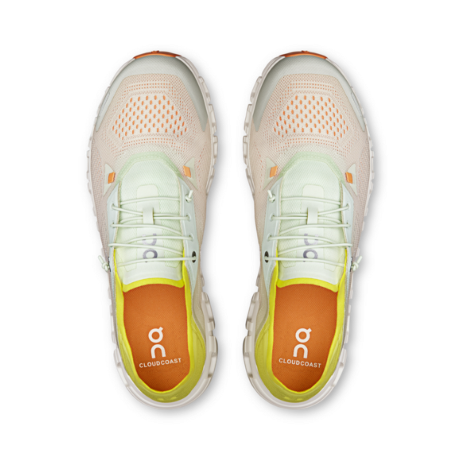 On CloudCoast women's running shoes in cream and pale green colorway