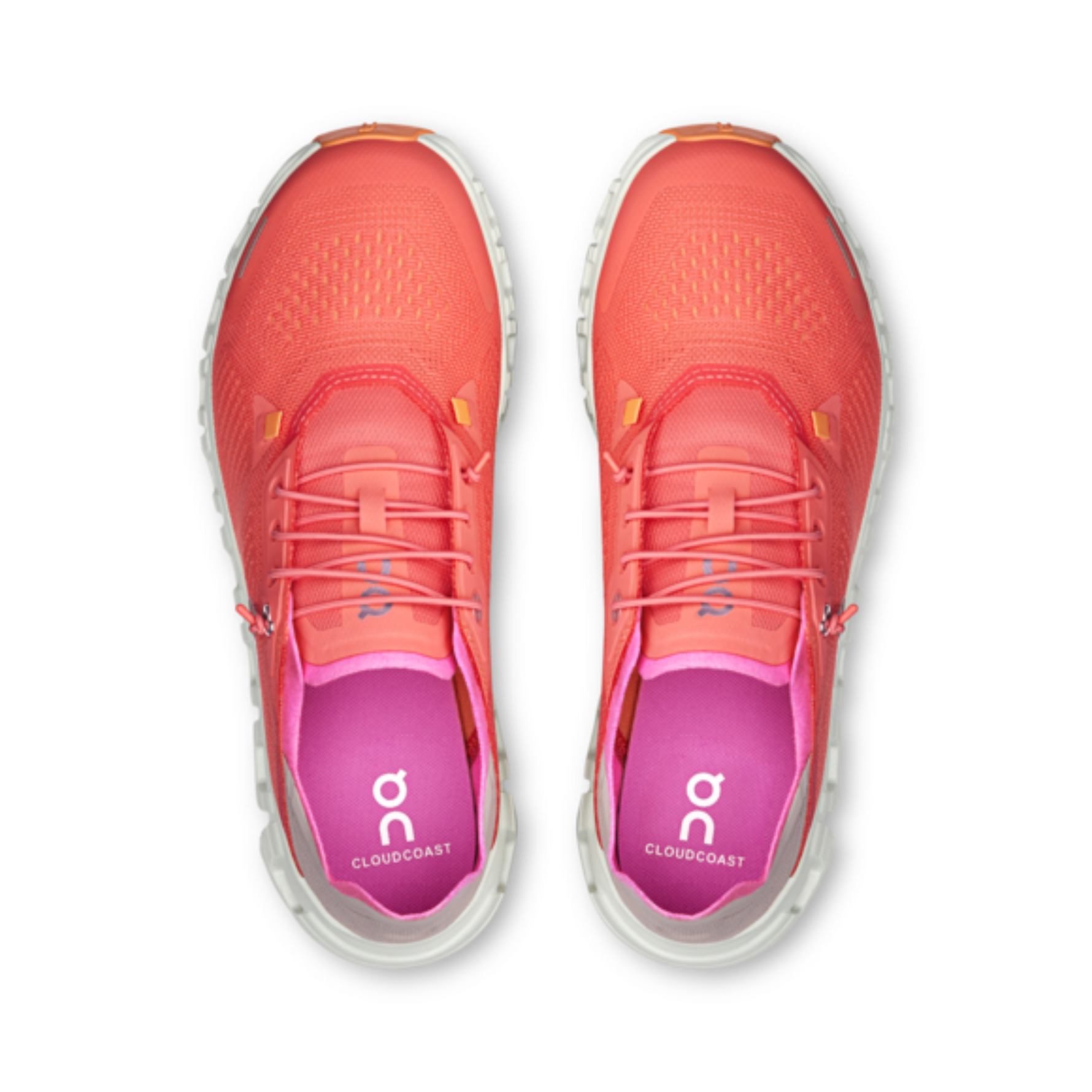 On Cloud Coast women's running shoes in coral pink salmon color with white sole