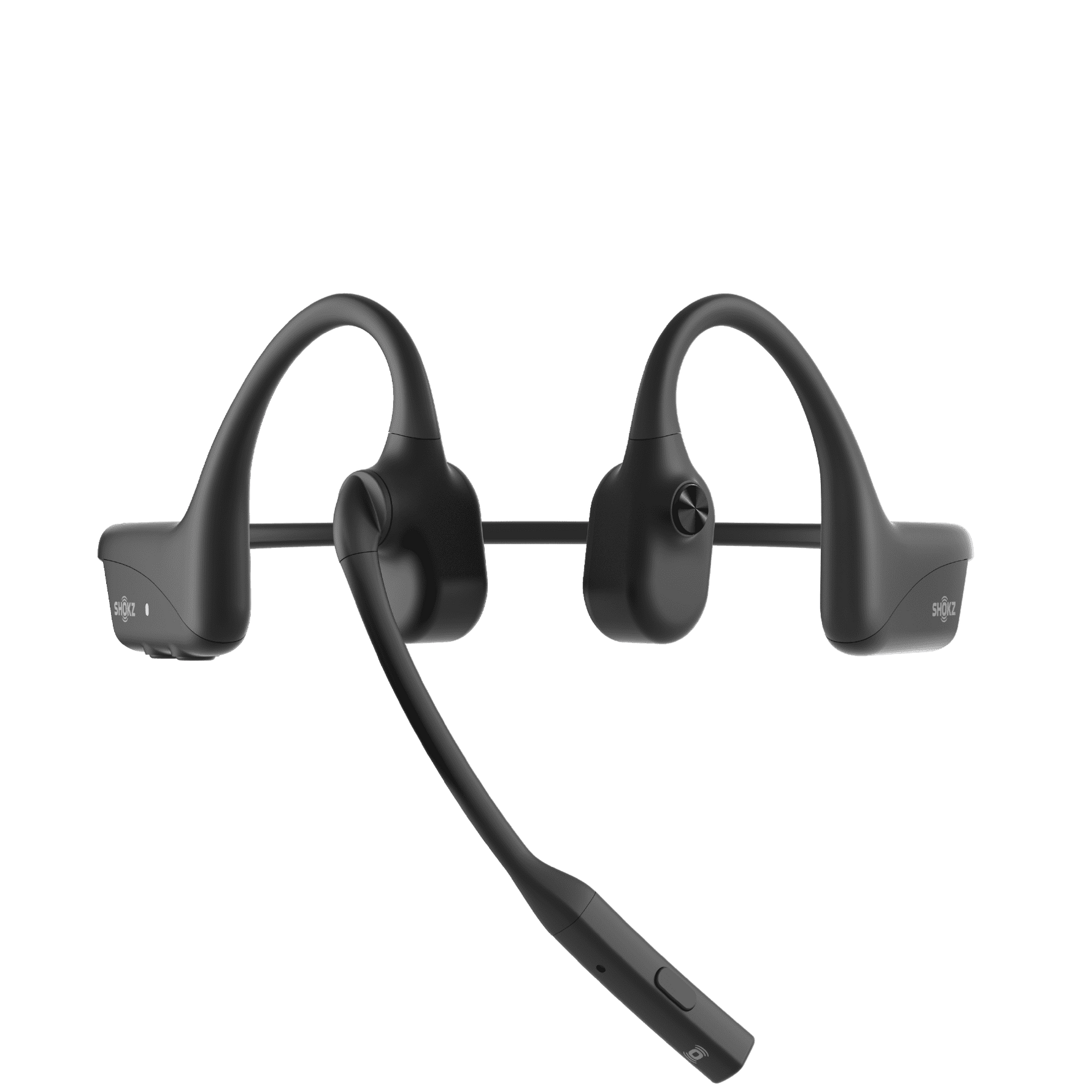 Black Shokz OpenComm 2UC bone conduction headset with boom microphone on white background