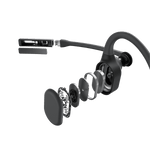 Exploded view of black Shokz OpenComm 2UC bone conduction headset with USB-C dongle