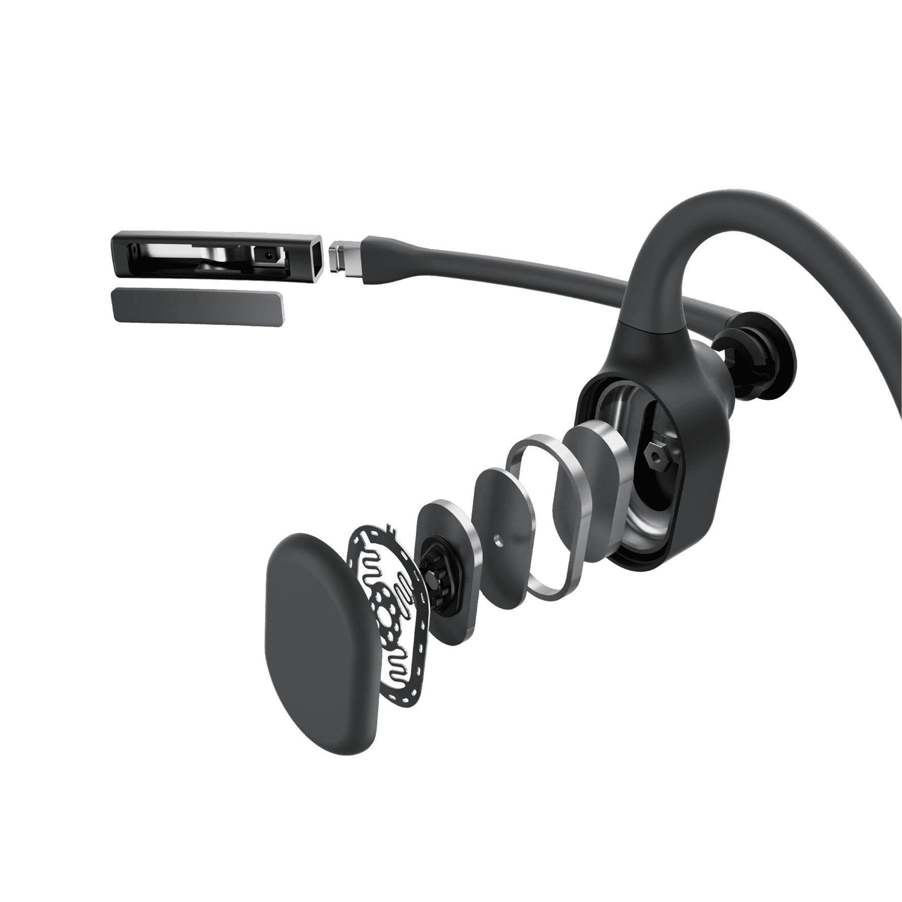 Exploded view of black Shokz OpenComm 2UC bone conduction headset with USB-C dongle