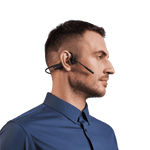 Man wearing black Shokz OpenComm 2UC bone conduction headset in profile view
