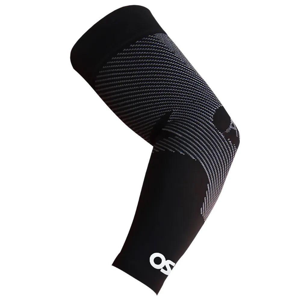 OS1st black compression arm sleeve with gradient mesh pattern on white background