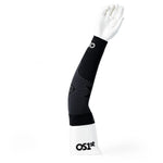 OS1st black performance arm sleeve with gray diagonal pattern on white mannequin arm