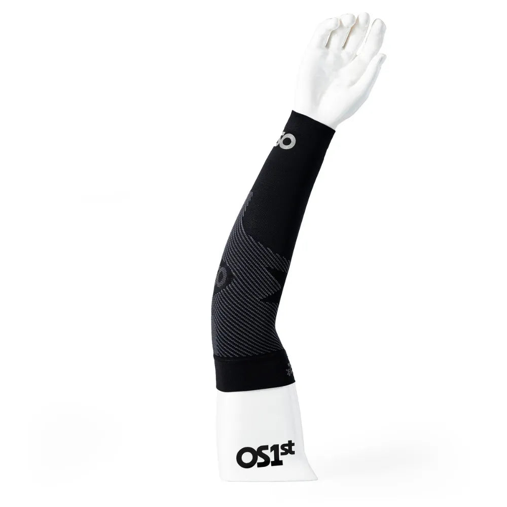 OS1st black performance arm sleeve with gray diagonal pattern on white mannequin arm