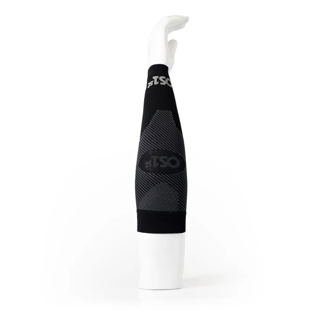 OS1st black performance arm sleeve with geometric pattern on white background
