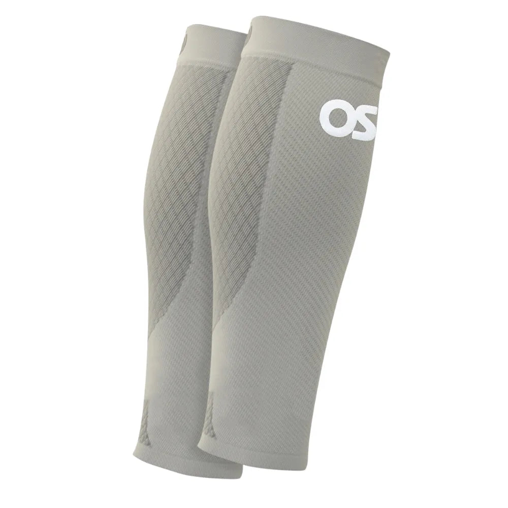 OS1st CS6 Performance Calf Sleeves in grey with white logo on clean background