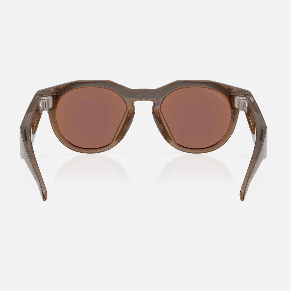 Oakley Meta HSTN sunglasses in brown translucent frame with polarized lenses, rear view