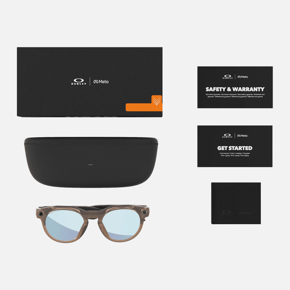 Oakley Meta smart glasses in brown frame with blue polarized lenses, case and documentation