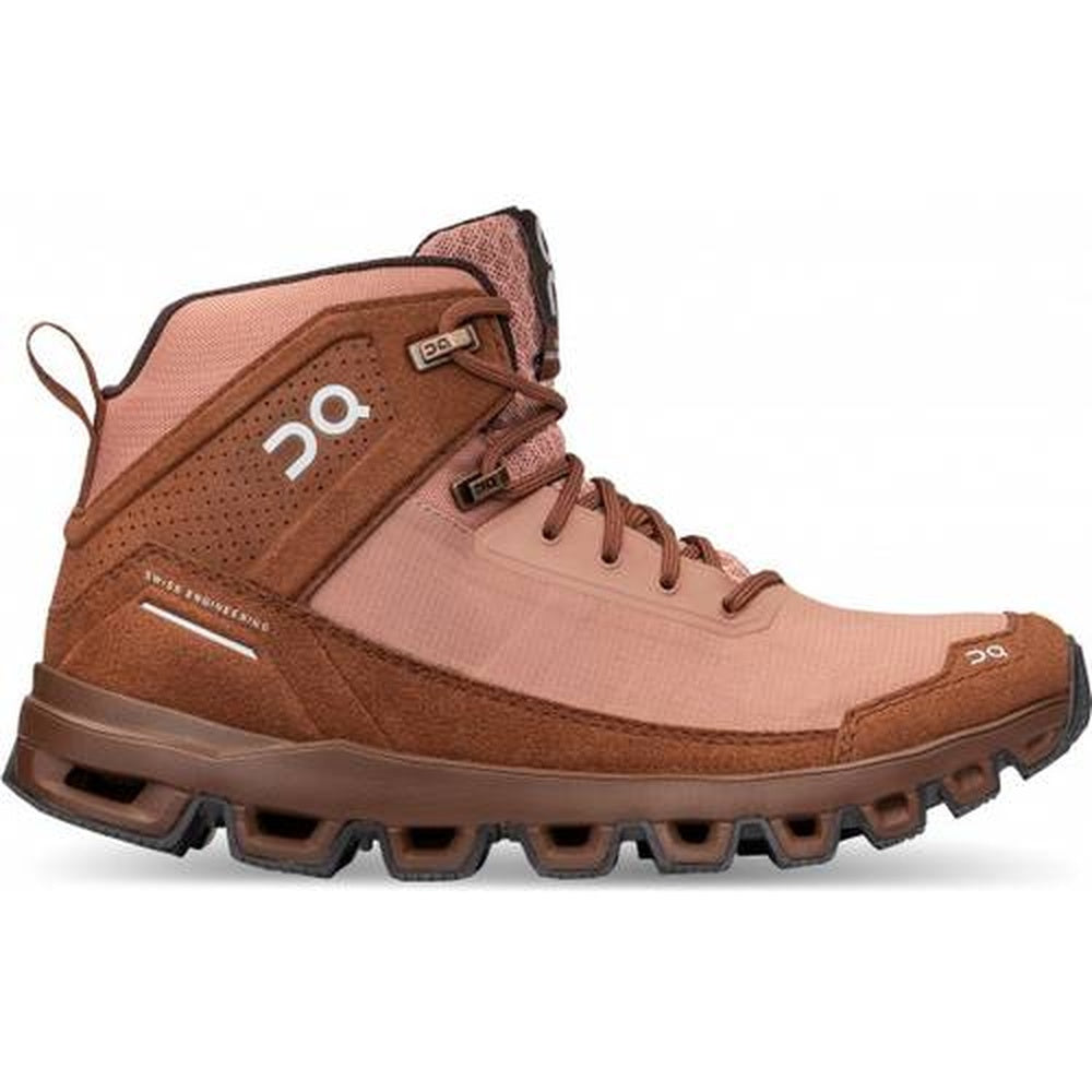 On Cloudridge Women's hiking boot in mocha brown and pebble pink colorway