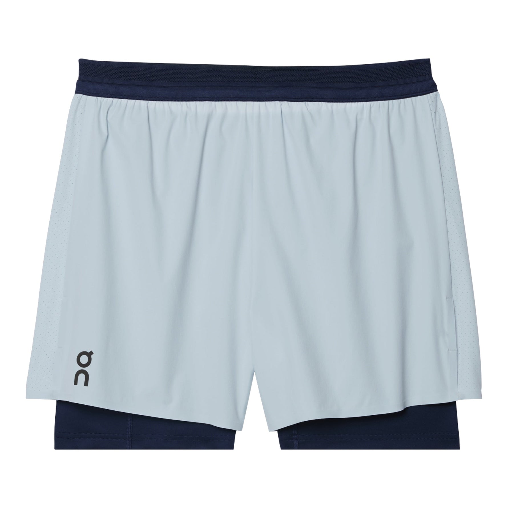 On Performance 2-in-1 running shorts in light blue with navy liner