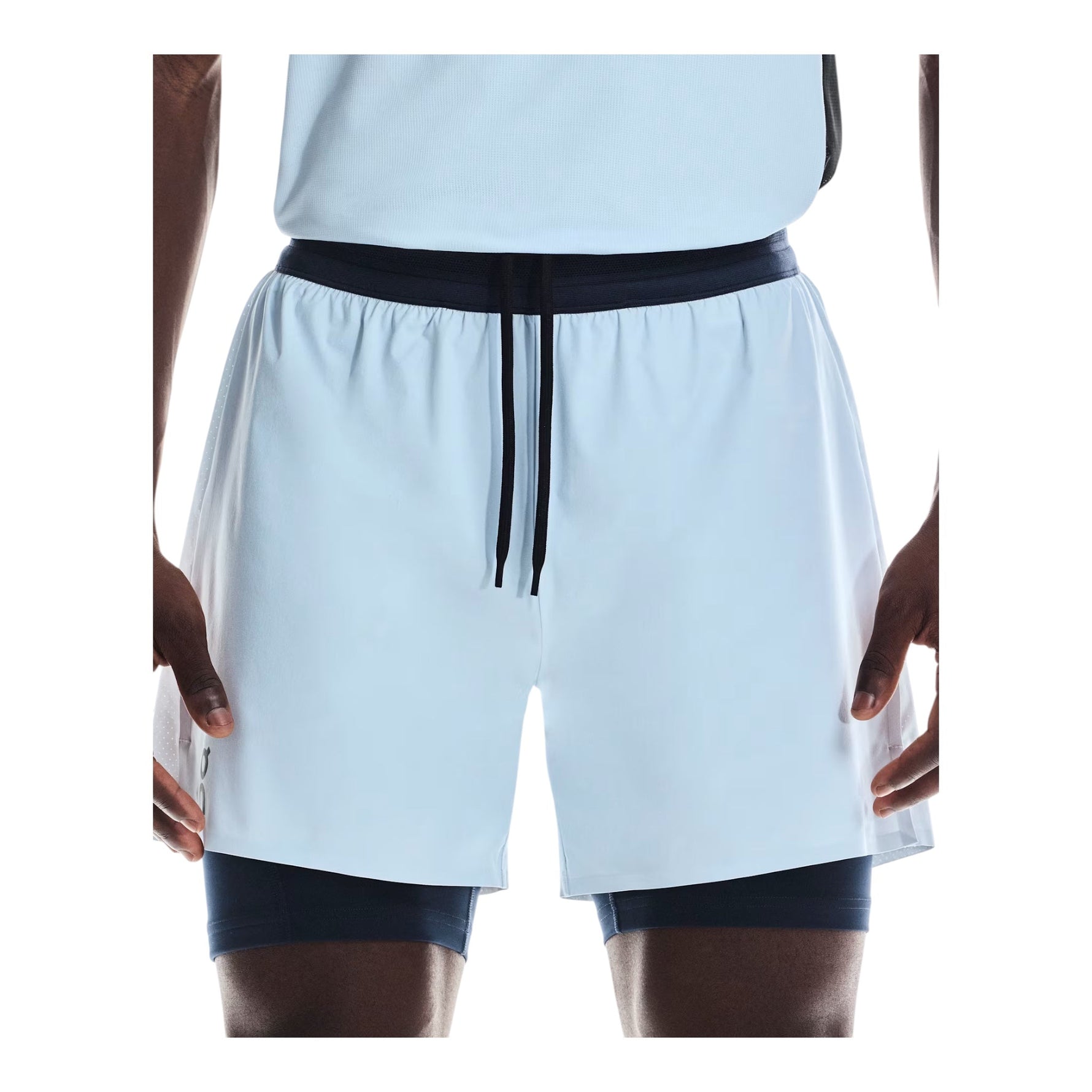 On 5 inch Performance 2-in-1 men's running shorts in light blue with navy liner