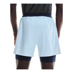 On men's 2-in-1 running shorts in light blue and navy colorway