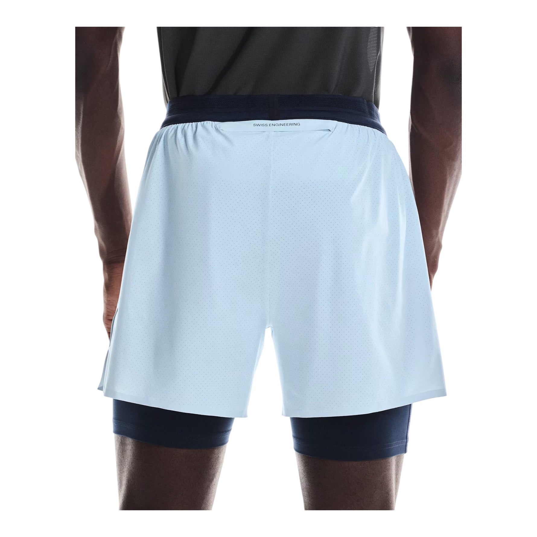 On men's 2-in-1 running shorts in light blue and navy colorway